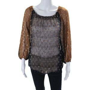 Tryb Womens Multi Brown Printed Tie V-Neck Long Sleeve Blouse Top Size XS